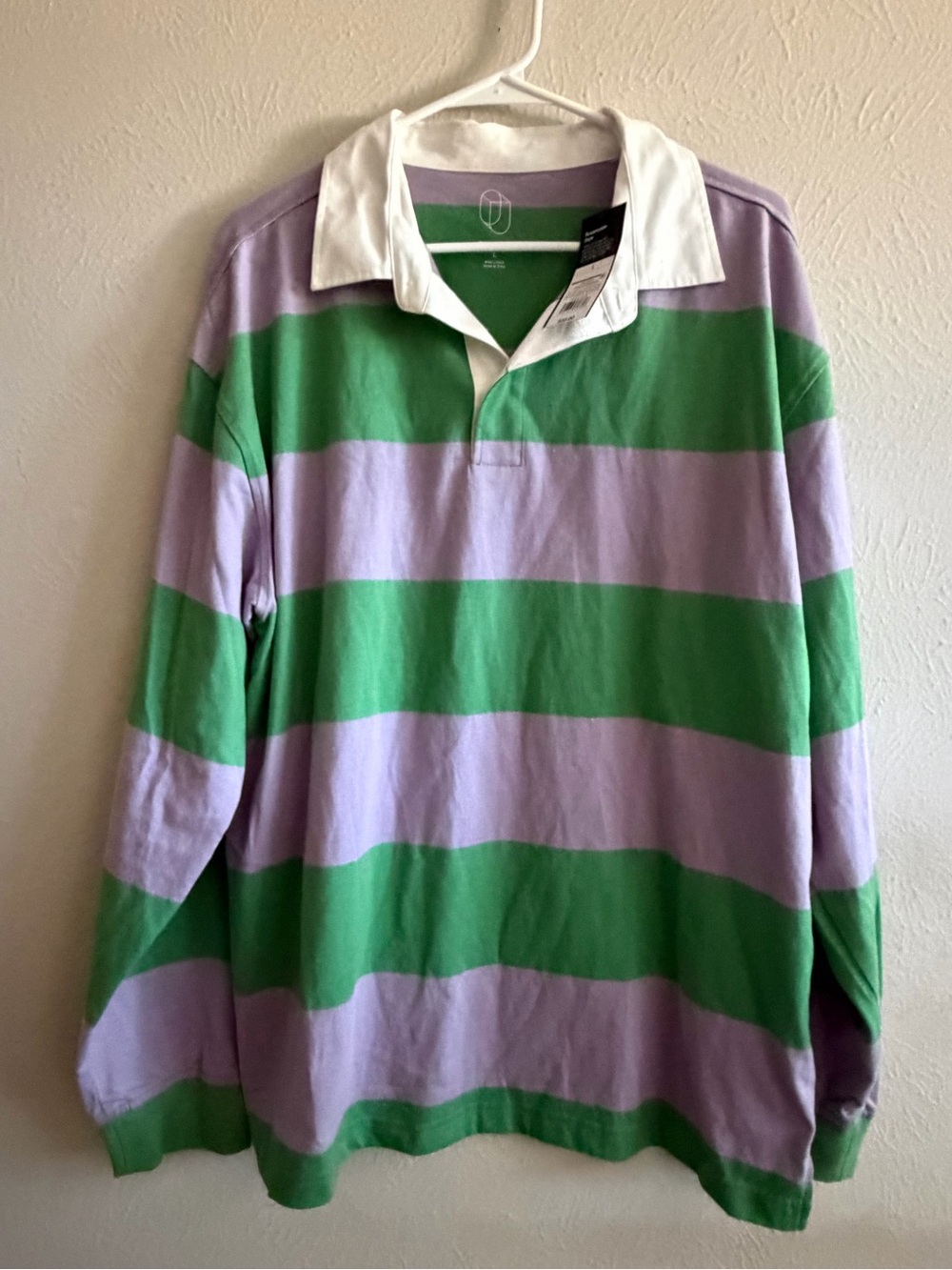 Original Use Men's Wide-Stripe Rugby Polo in Green, Lavender & White
